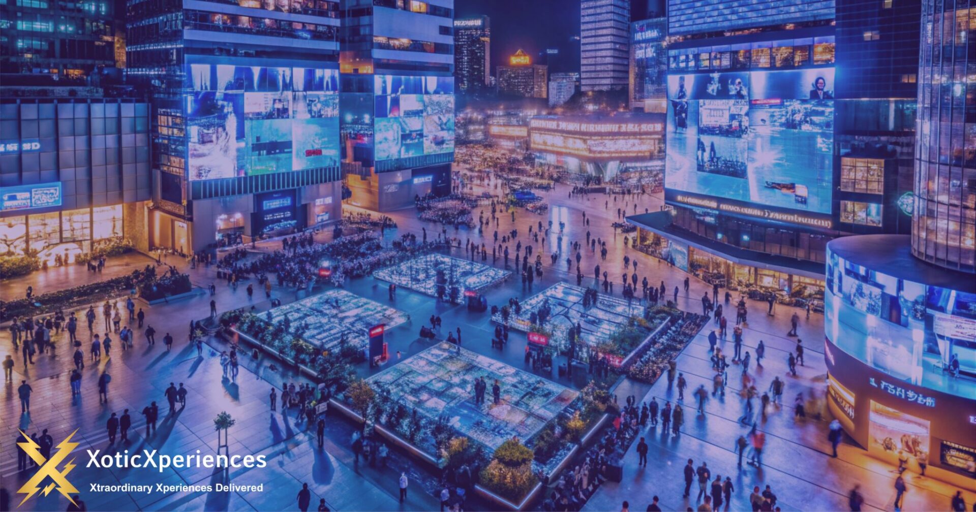 Modern event with attendees interacting in-person and virtually, showcasing hybrid event setup in 2025