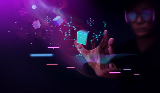 metaverse blockchain technology concepts person with glasses try touching object experiences metaverse virtual world futuristic tone e1675184741726